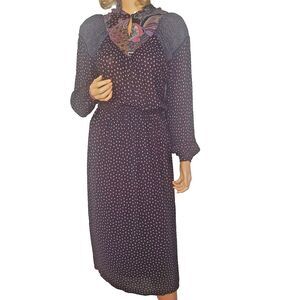 Vintage Polka Dot Long Full Sleeve Velvet Trim Maxi Georgette Dress Gypsy Folk S